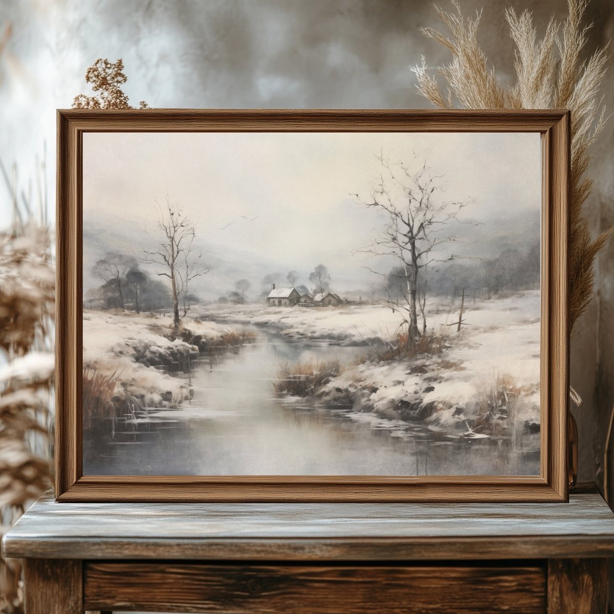 Vintage Winter Landscape Wall Art Snowy Winter Landscape Painting Charming Christmas Scene Muted Seasonal Artwork First Snow Farm Paper Poster Print - Everything Pixel