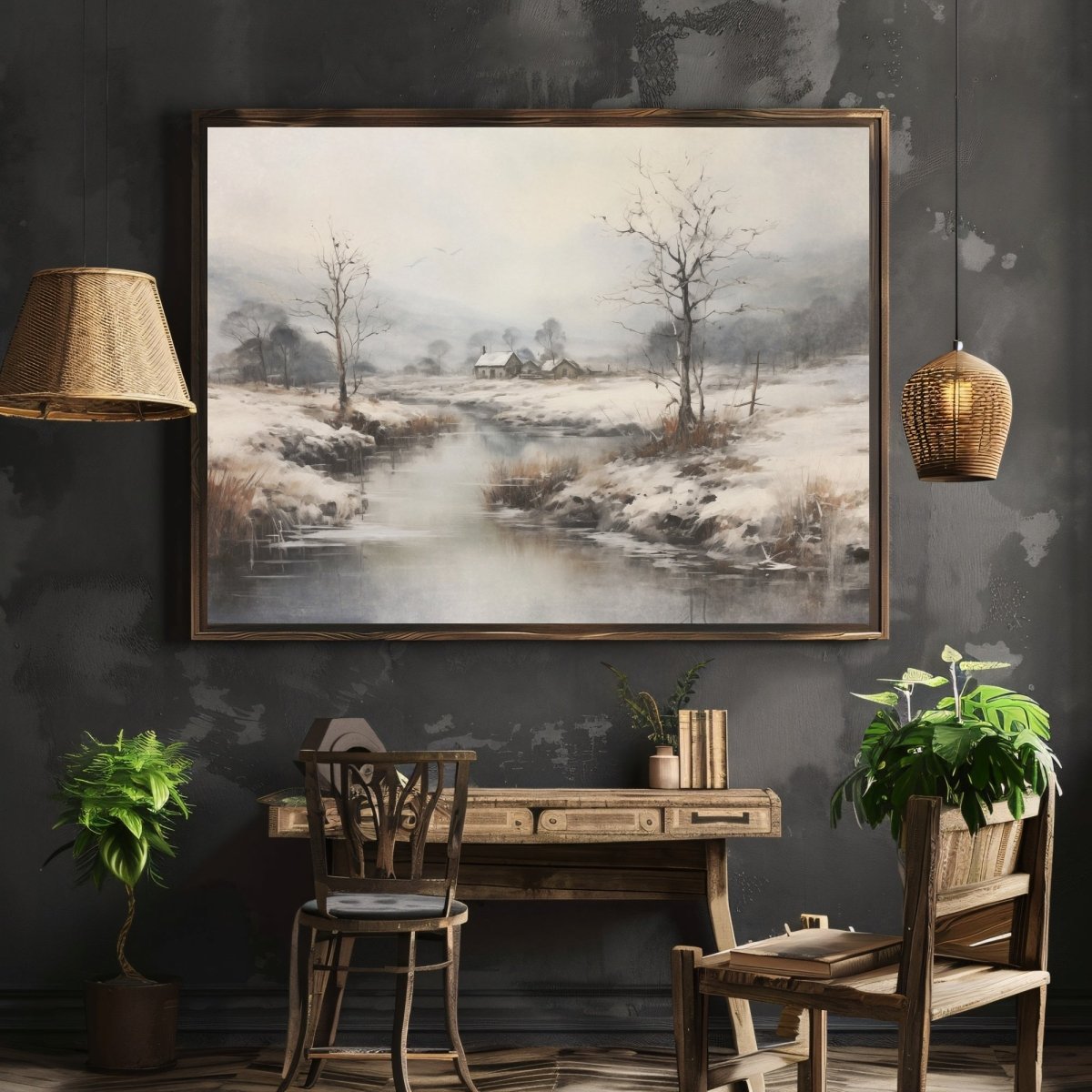 Vintage Winter Landscape Wall Art Snowy Winter Landscape Painting Charming Christmas Scene Muted Seasonal Artwork First Snow Farm Paper Poster Print - Everything Pixel