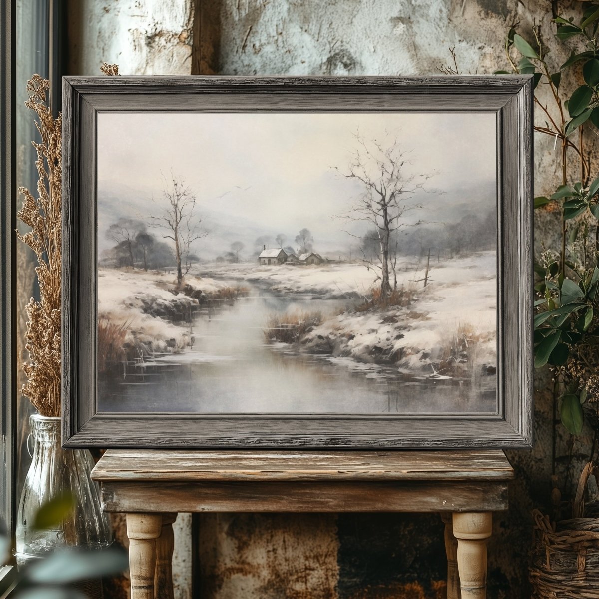 Vintage Winter Landscape Wall Art Snowy Winter Landscape Painting Charming Christmas Scene Muted Seasonal Artwork First Snow Farm Paper Poster Print - Everything Pixel