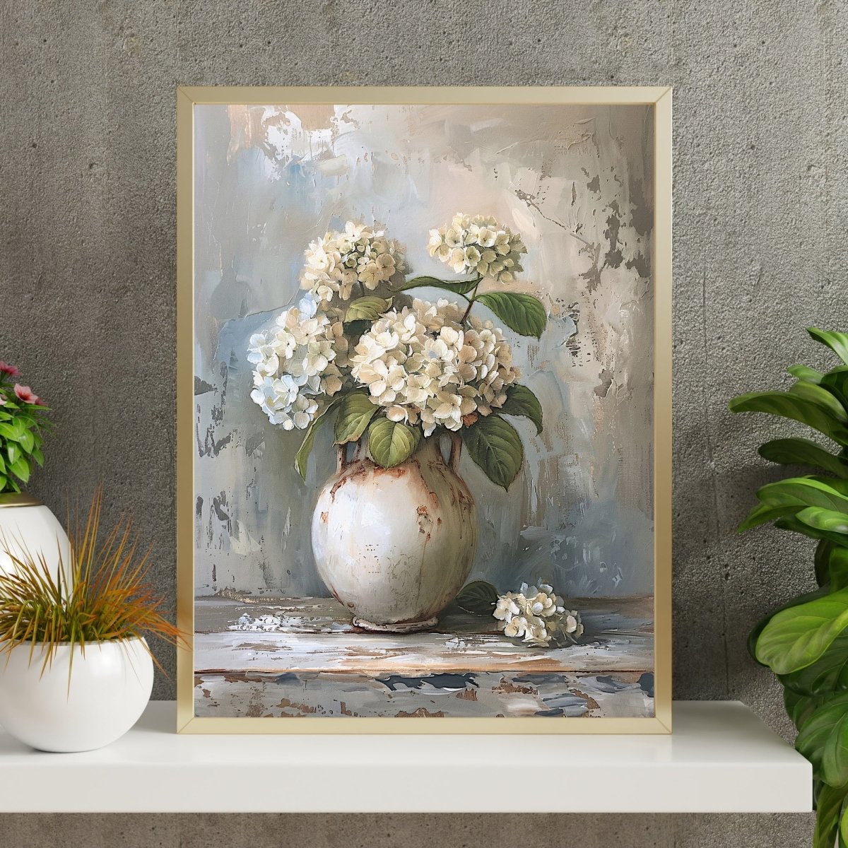 White Hydrangeas Still Life Painting - Vintage Wall Art Print - Everything Pixel