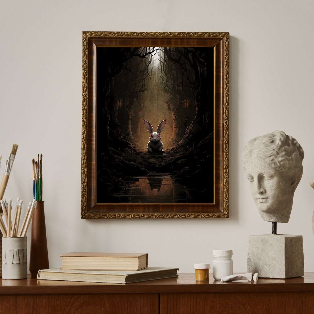 White Rabbit Haunted Woodland Dark Spooky Decor Creepy Goth Wall Art Painting Dark Cottagecore Gothic Retro Horror Wall Art Paper Poster Print - Everything Pixel