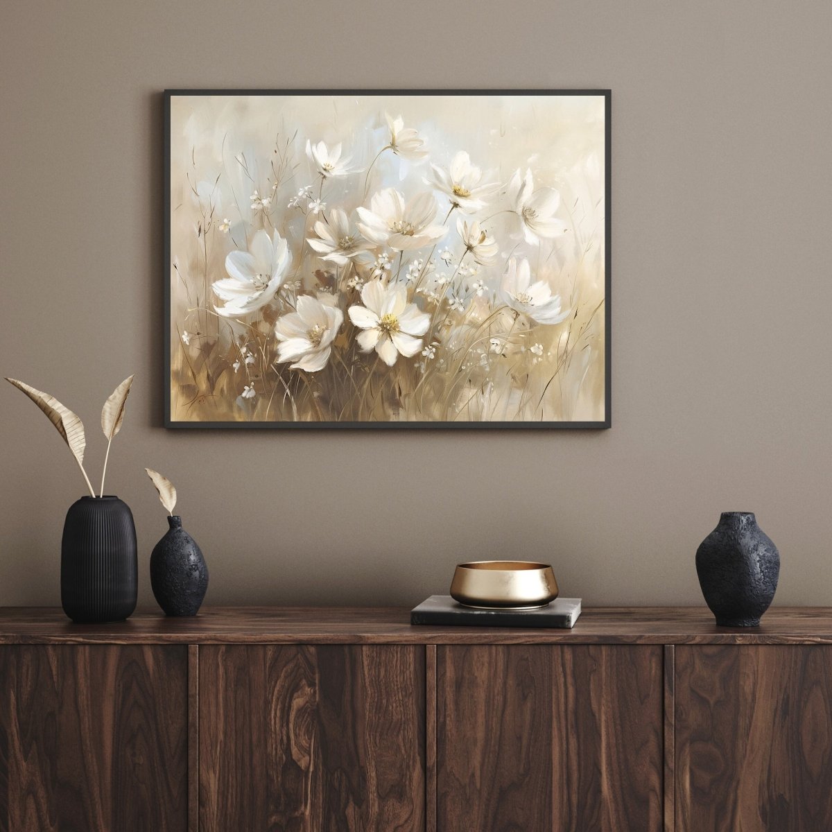White Wildflowers in Muted Earth Tones - Vintage Wall Art Print - Everything Pixel