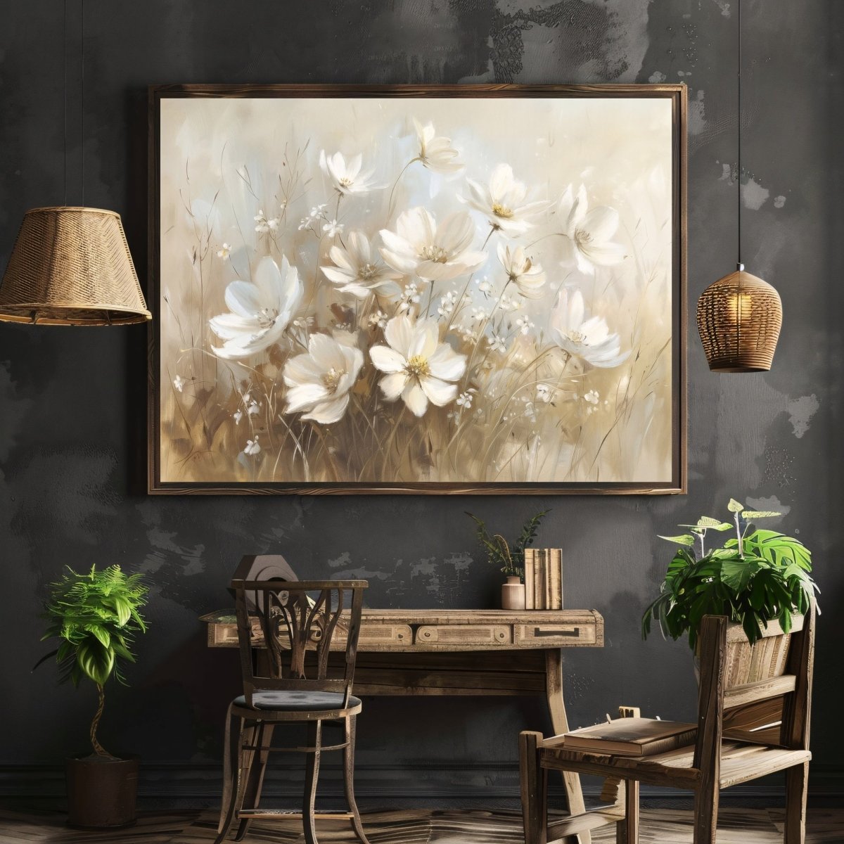White Wildflowers in Muted Earth Tones - Vintage Wall Art Print - Everything Pixel
