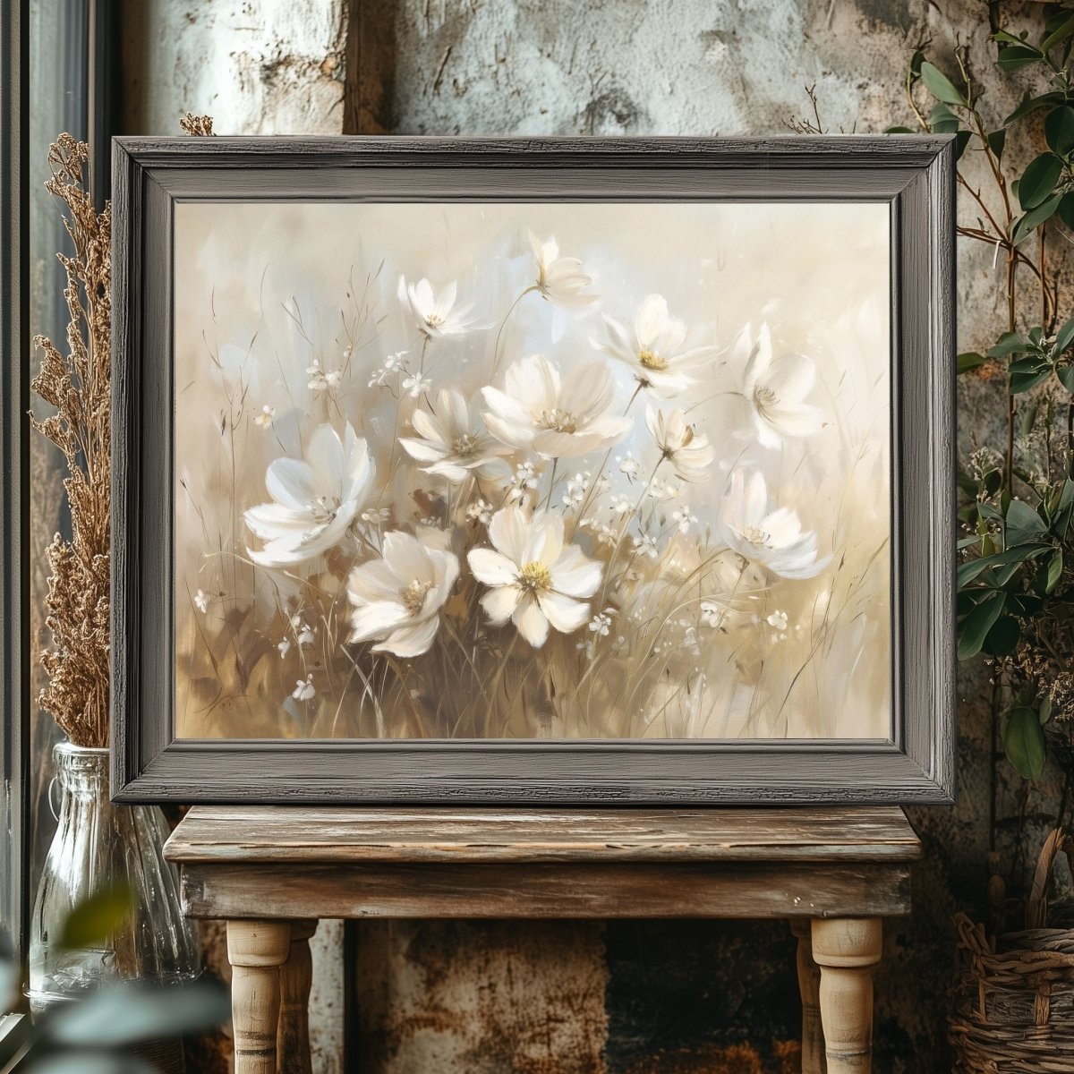 White Wildflowers in Muted Earth Tones - Vintage Wall Art Print - Everything Pixel