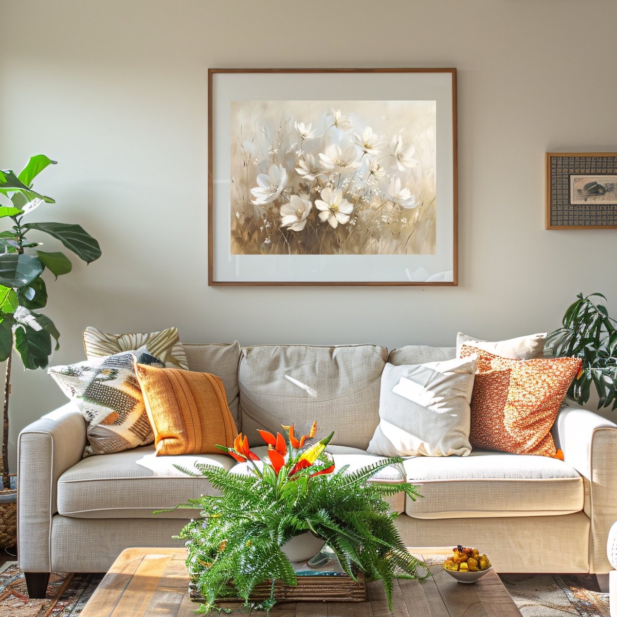 White Wildflowers in Muted Earth Tones - Vintage Wall Art Print - Everything Pixel