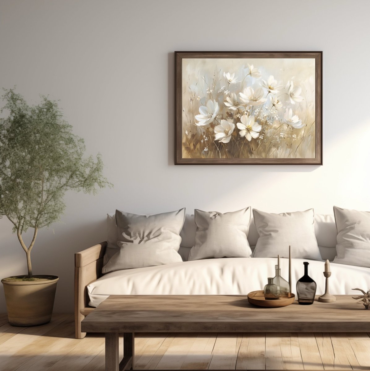 White Wildflowers in Muted Earth Tones - Vintage Wall Art Print - Everything Pixel