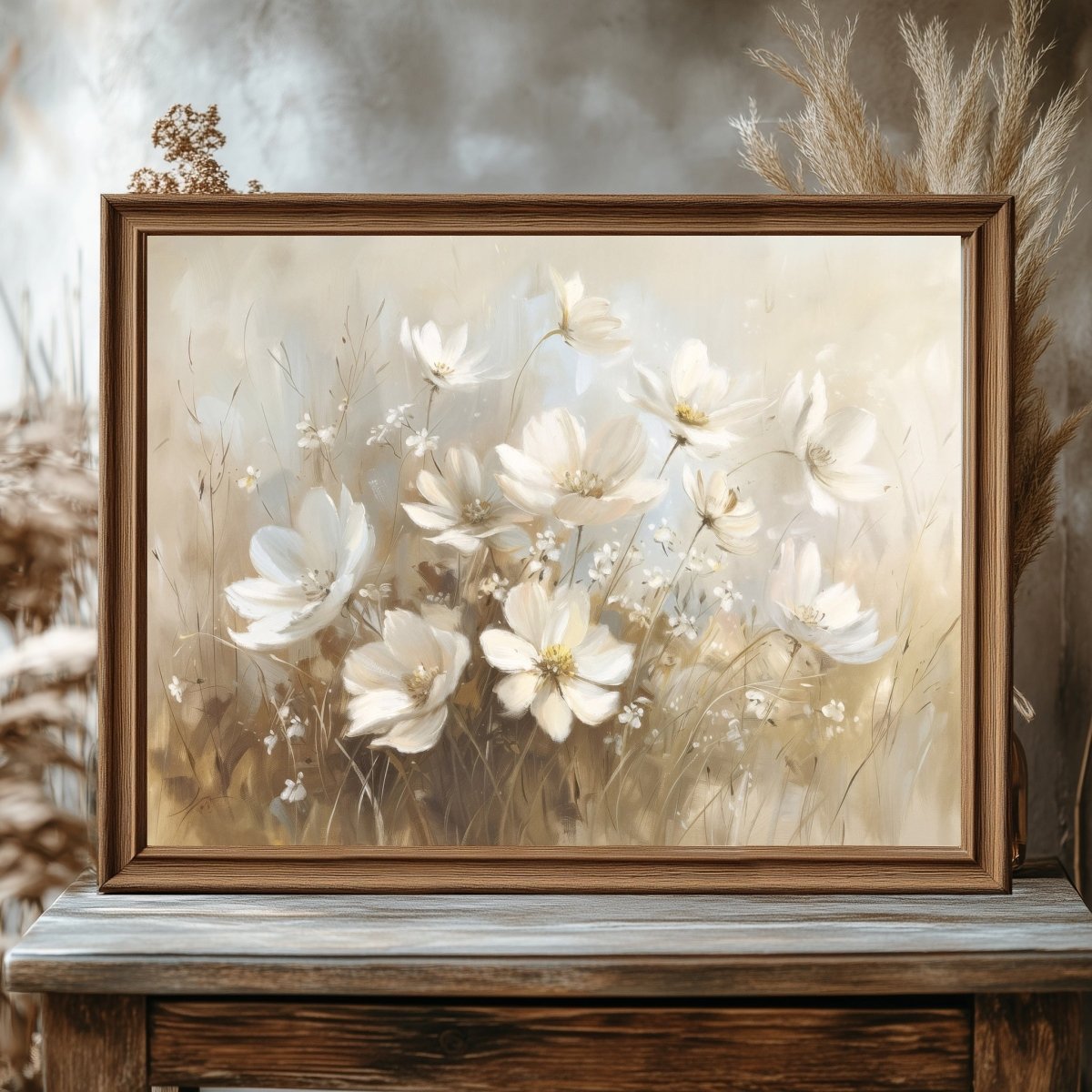 White Wildflowers in Muted Earth Tones - Vintage Wall Art Print - Everything Pixel