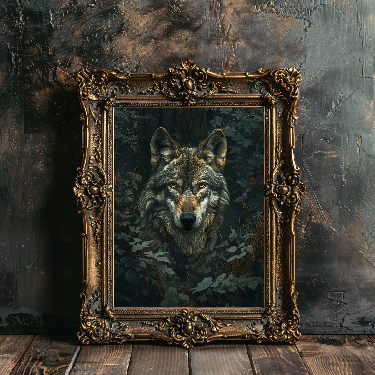 Wolf Portrait in Lush Green Woodland - Gothic Vintage Wall Art Print - Everything Pixel