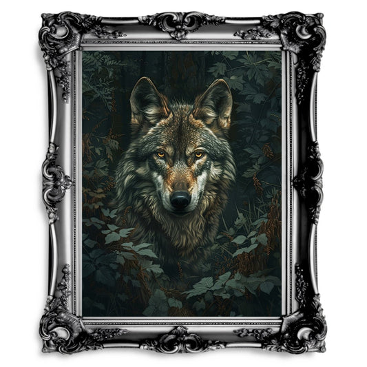 Wolf Portrait in Lush Green Woodland - Gothic Vintage Wall Art Print - Everything Pixel