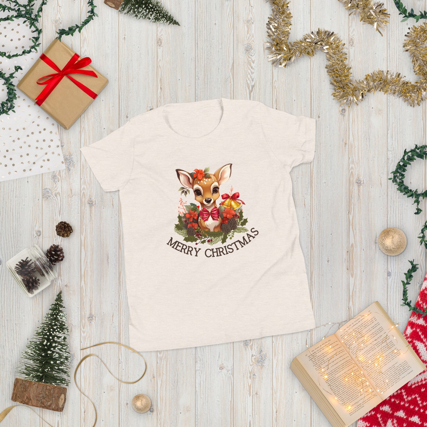 Christmas Deer T-Shirt - High Quality Festive Family Teenager T-Shirt, Gift for Deer Lovers, Cute Christmas Shirt, Youth Xmas Tee