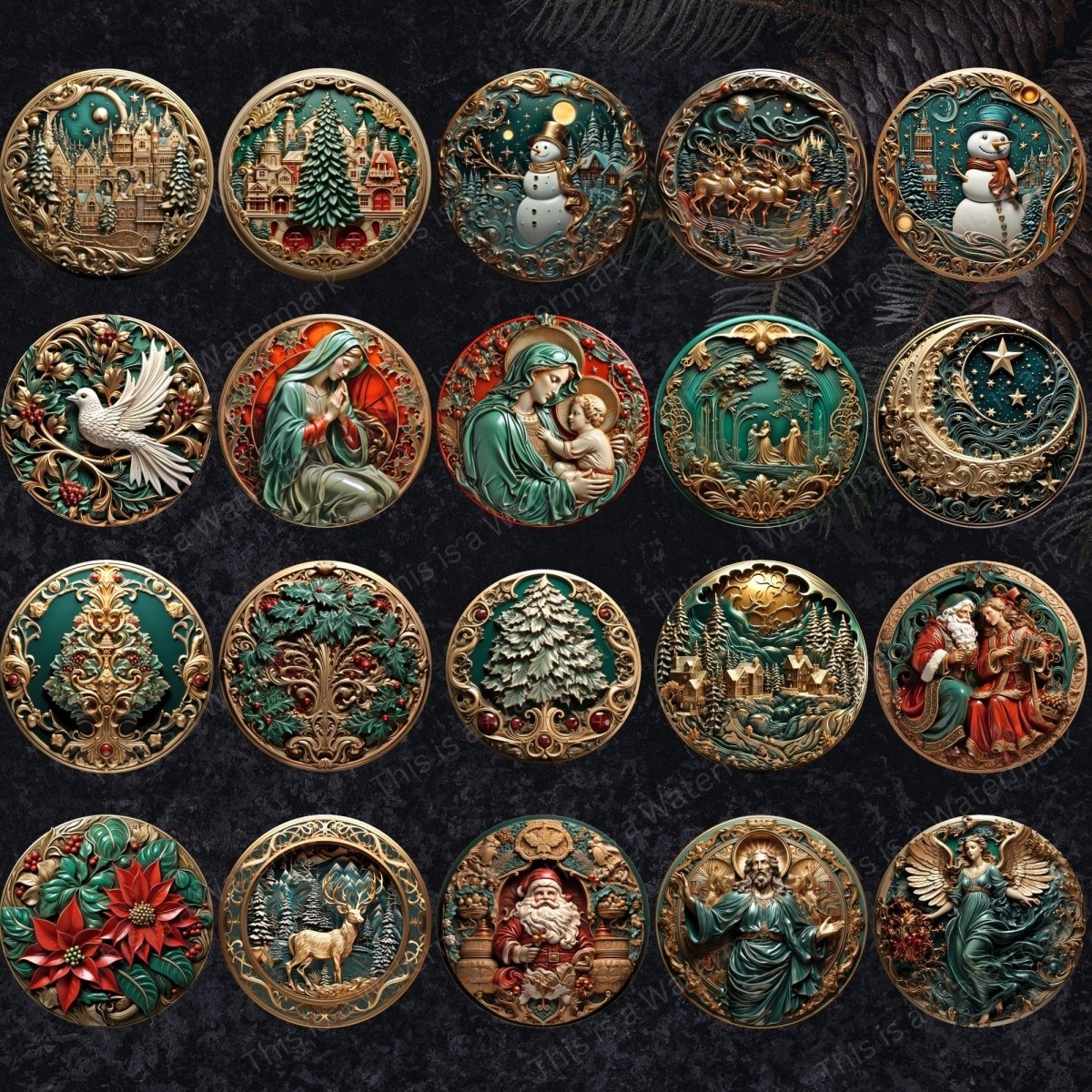 3D Christmas Ornament 20 PNG Bundle Emerald Green Gold Sublimation Design Stylish 3D Effect Round Christmas Decoration Clipart - Everything Pixel
