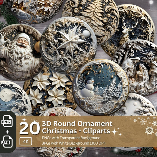 3D Christmas Ornament 20 PNG Bundle Sublimation Design Festive Round Stickers Stylish 3D Effect Round Christmas Decoration Clipart - Everything Pixel
