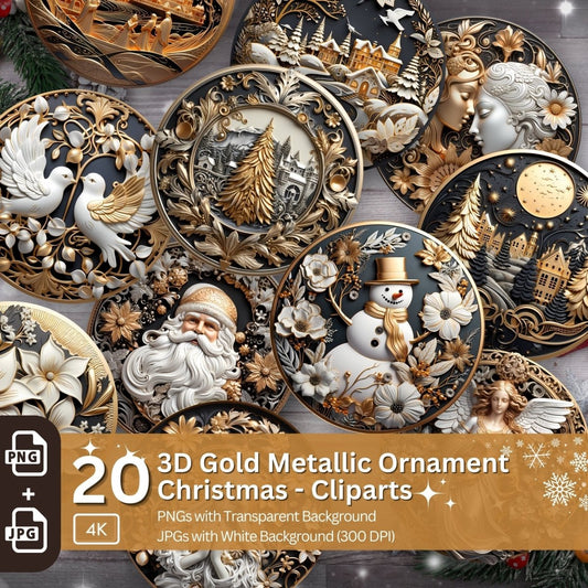 3D Gold Christmas Ornament 20 PNG Bundle Sublimation Design Festive Round Stickers Stylish 3D Effect Round Christmas Decoration Clipart - Everything Pixel