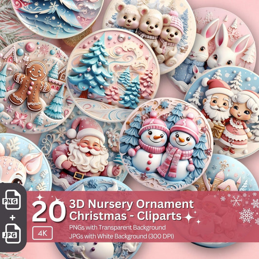 3D Nursery Christmas Ornament 20 PNG Bundle Sublimation Design Festive Round Stickers Pastel 3D Effect Round Christmas Decoration Clipart - Everything Pixel