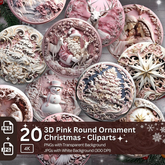 3D Pink Christmas Ornament 20 PNG Bundle Sublimation Design Festive Round Stickers Stylish 3D Effect Round Christmas Decoration Clipart - Everything Pixel