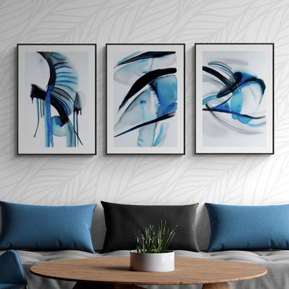 Abstract Emerald Blue Wall Art Set of 3 Watercolor Paintings Modern Blue Black and White 3 Piece Triptych Artwork - Everything Pixel