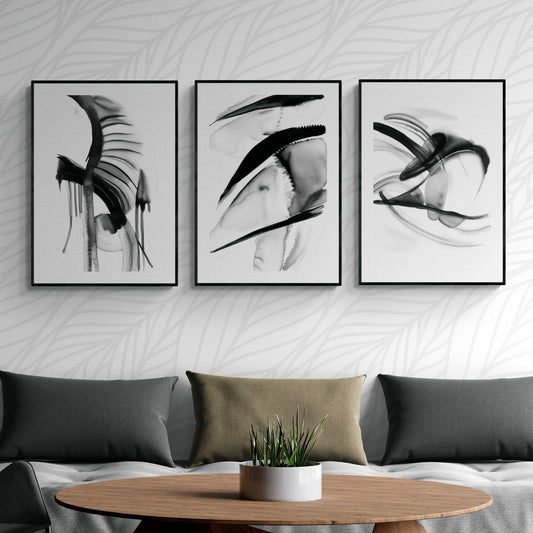 Abstract Monochrome Wall Art Set of 3 Watercolor Paintings Modern Black and White 3 Piece Triptych Artwork - Everything Pixel