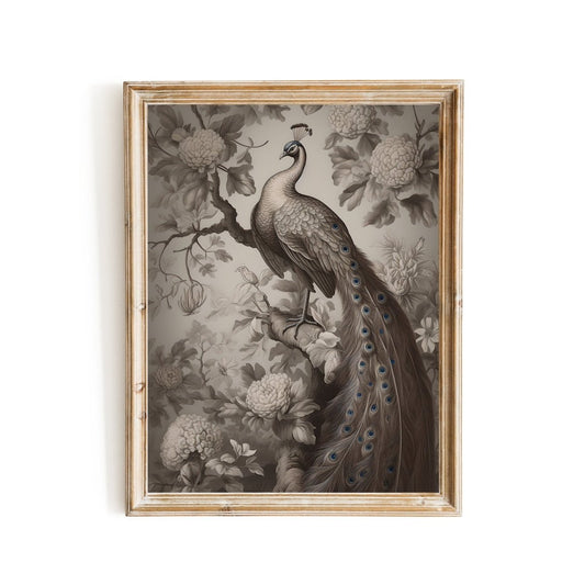Antique Moody Peacock Wall Art Peacock sitting in Tree Vintage Scenery Print - Everything Pixel