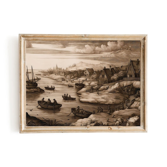 Antique Moody Seascape Wall Art Country Landscape with Fishermen Baroque Art - Everything Pixel