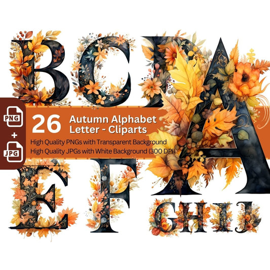 Autumn Alphabet 26+26 PNG Clip Art Bundle Fancy Letters Autumn Color - Everything Pixel