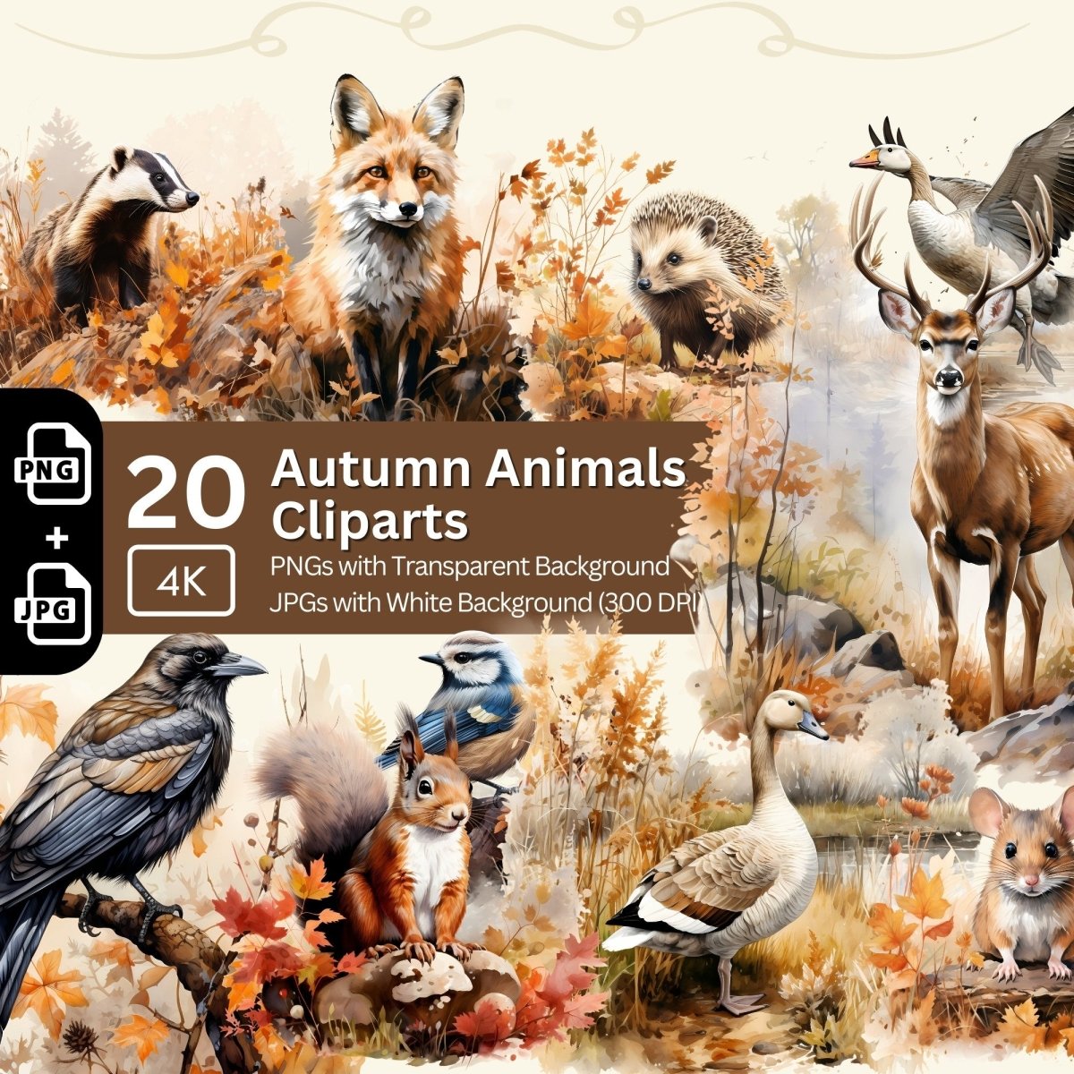 Autumn Animal Clipart 20 PNG Bundle Fall Images Seasonal Clipart Card Making Digital Paper Craft Watercolor Fall Animal Junk Journal Kit - Everything Pixel