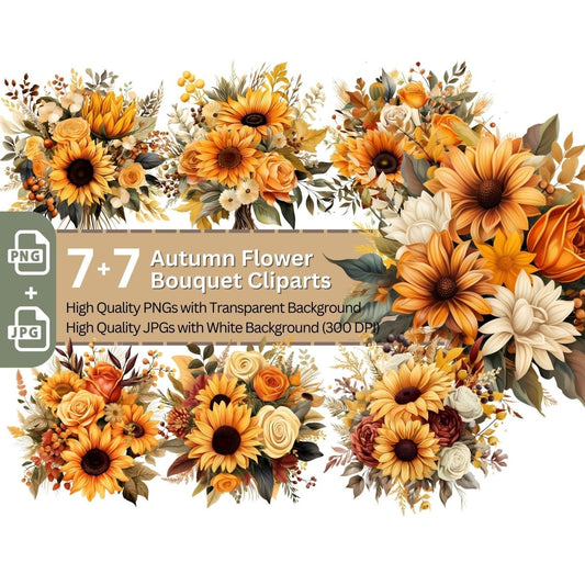 Autumn Flower Bouquet 7+7 PNG Clip Art Bundle Autumn Wedding - Everything Pixel