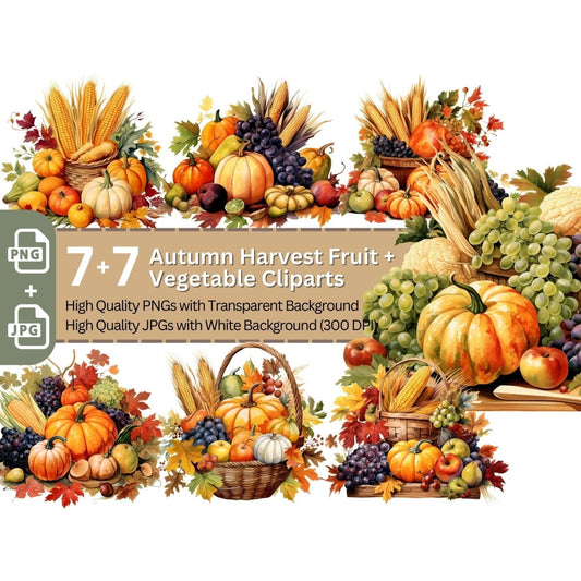 Autumn Harvest Fruit and Vegetable 7+7 PNG Clip Art Bundle for Thanksgiving - Everything Pixel