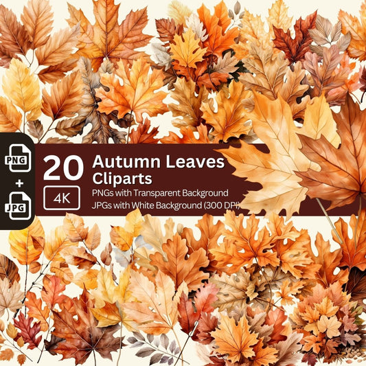 Autumn Leaves Clipart 20 PNG Bundle Fall Images Seasonal Clipart Card Making Digital Paper Craft Watercolor Fall Leaves Junk Journal Kit - Everything Pixel