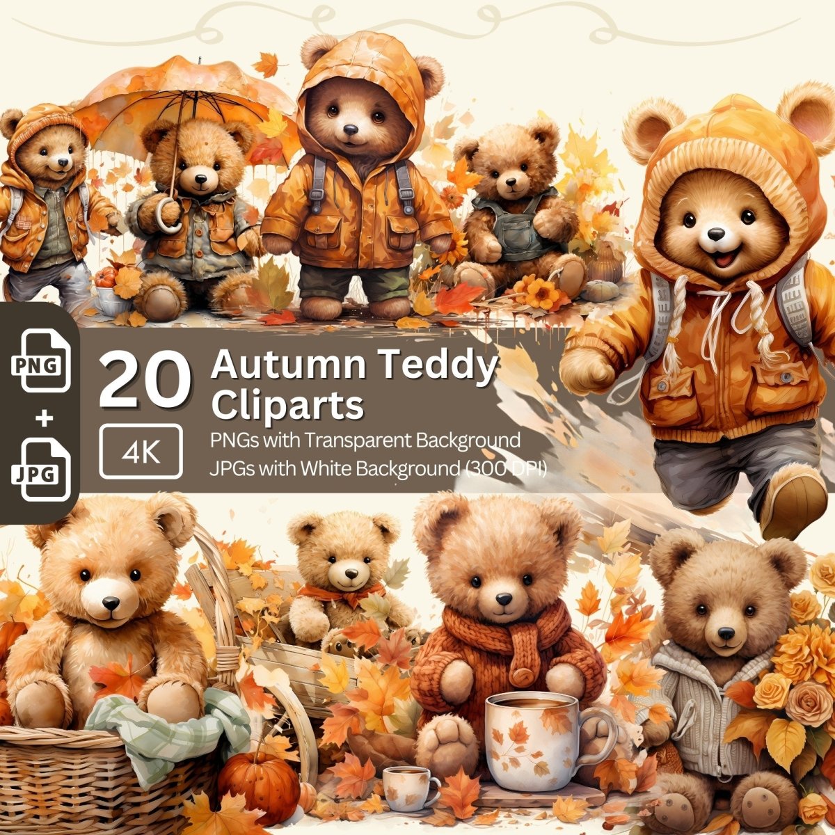 Autumn Teddy Bear Cliparts 20 PNG Bundle Sublimation Design Watercolor Bundle Digital Paper Crafting Junk Journal Nursery Art Tumbler - Everything Pixel
