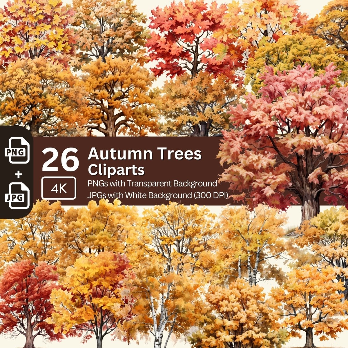 Autumn Trees Clipart 26 PNG Bundle Fall Images Seasonal Clipart Card Making Digital Paper Craft Watercolor Fall Tree Junk Journal Kit - Everything Pixel