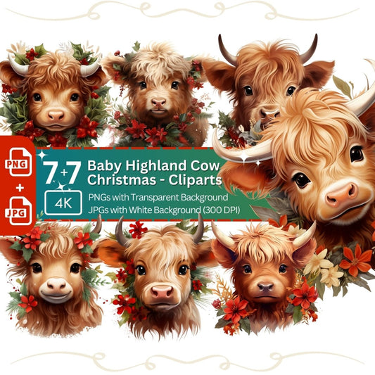Baby Highland Cow Christmas Clipart 7+7 PNG JPG Bundle - Everything Pixel