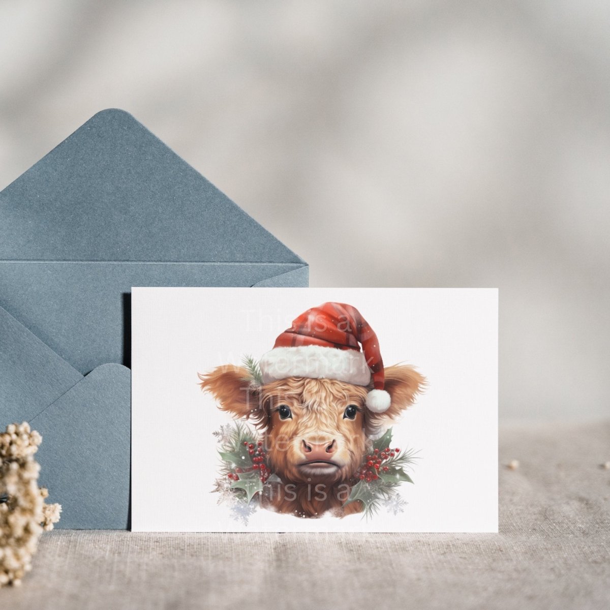 Baby Highland Cow with Santa Hat Clipart 7+7 PNG JPG Christmas Invitation Card Graphic Paper Crafting Artwork T-Shirt Sublimation Design - Everything Pixel