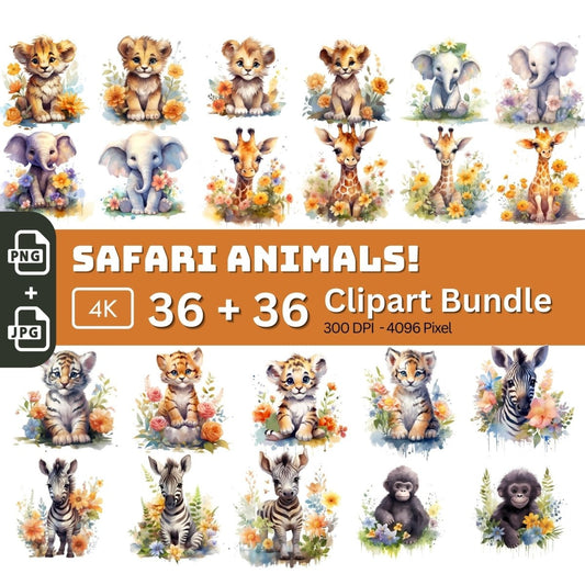 Baby Safari Animals Clipart 36+36 PNG/JPG Bundle Wild Animal Baby - Everything Pixel
