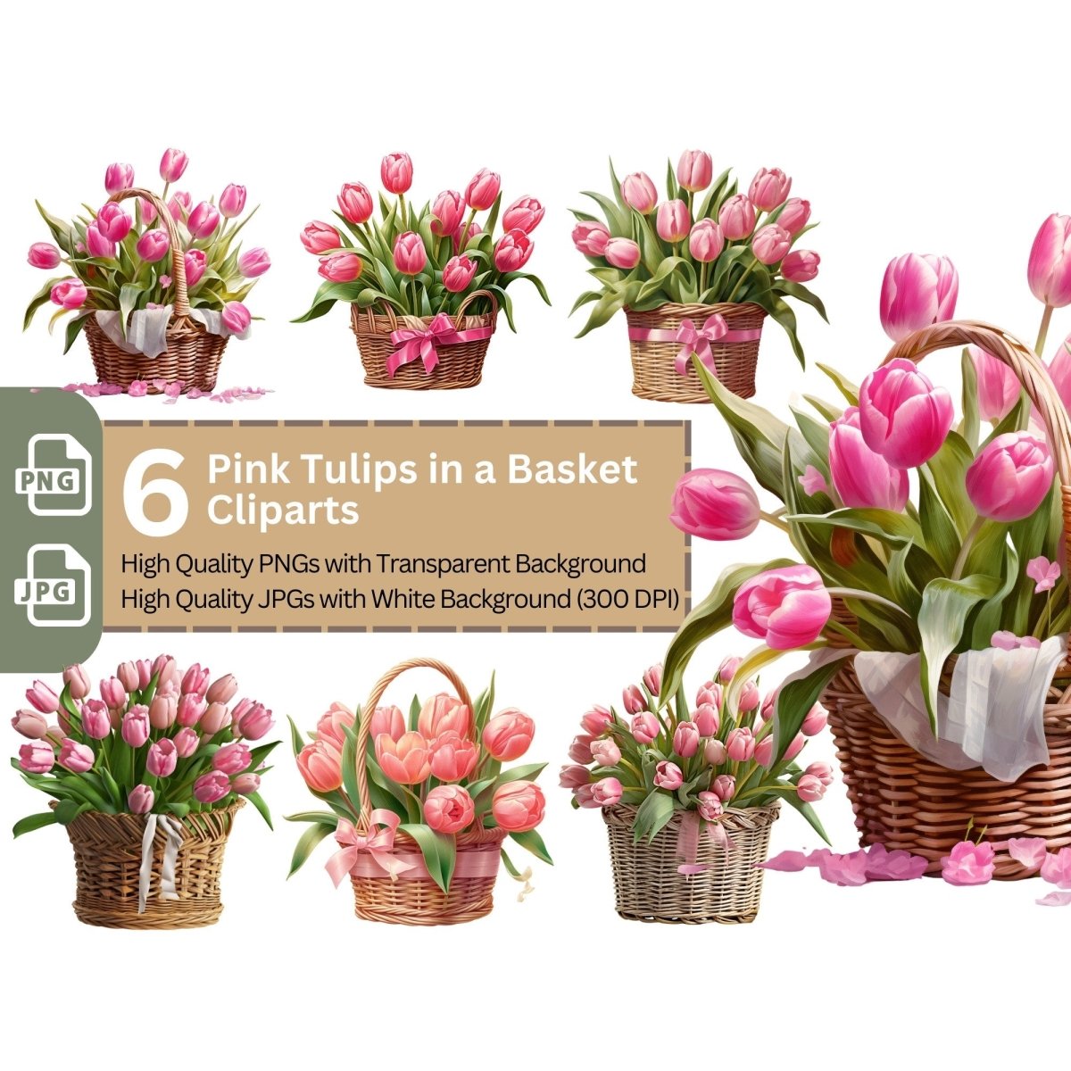 Basket with Pink Tulips 6+6 PNG Bundle for Sublimation & Clipart - Everything Pixel