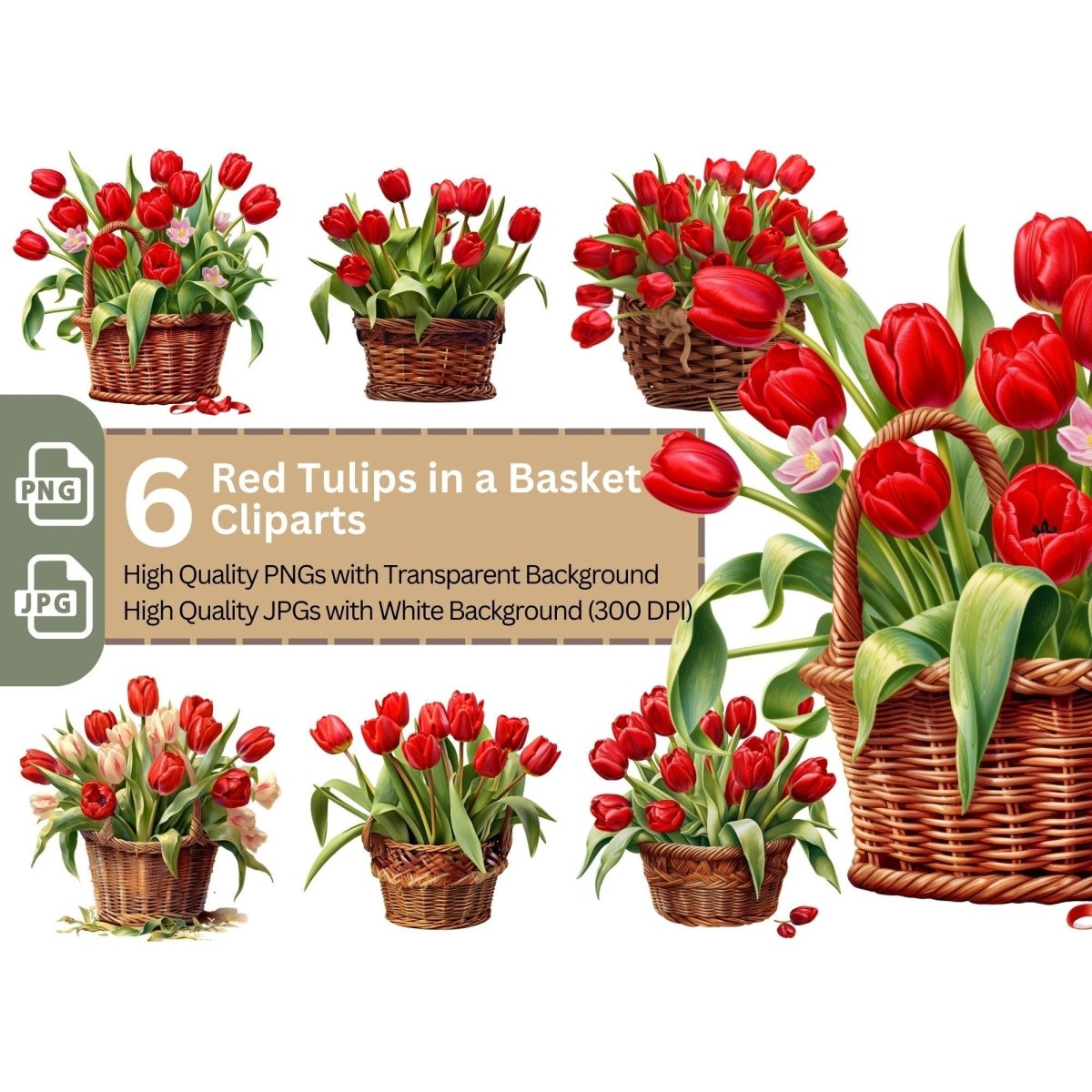Basket with Red Tulips 6+6 PNG Bundle for Sublimation & Clipart - Everything Pixel