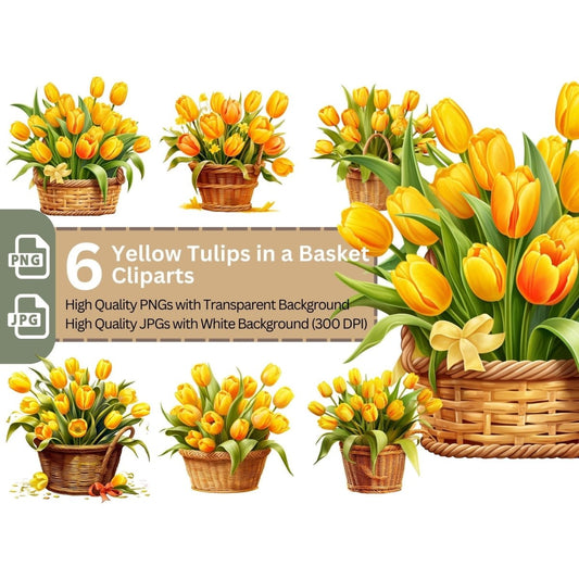 Basket with Yellow Tulips 6+6 PNG Bundle for Sublimation & Clipart - Everything Pixel