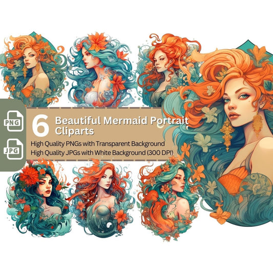Beautiful Mermaid Portrait 6+6 PNG Clip Art Bundle Fantasy - Everything Pixel