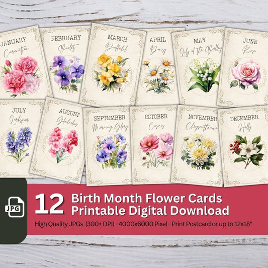 Birth Month Flower Card 12x Digital Paper Clip Art Bundle Watercolor - Everything Pixel