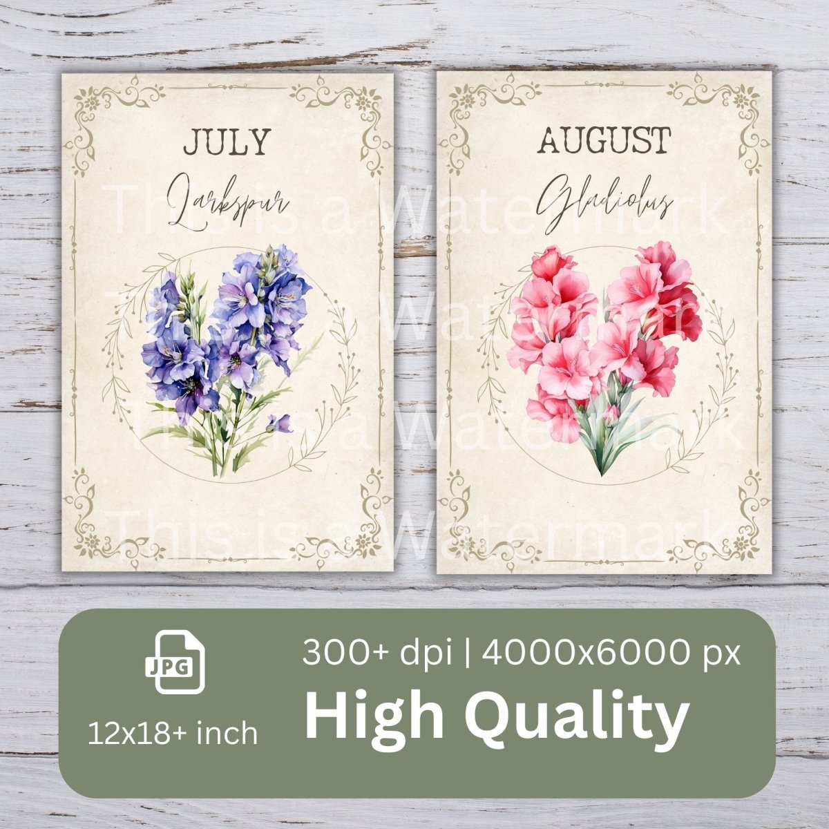 Birth Month Flower Card 12x Digital Paper Clip Art Bundle Watercolor Digital Crafts Design Birthday Print Creator Graphic Botanical Clipart - Everything Pixel