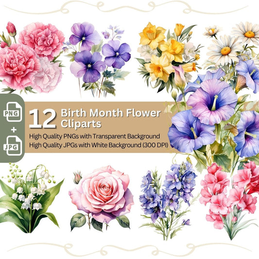 Birth Month Flowers 12+12 PNG Clip Art Bundle Watercolor - Everything Pixel