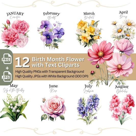 Birth Month Flowers and Text 12x PNG Clip Art Bundle Watercolor - Everything Pixel