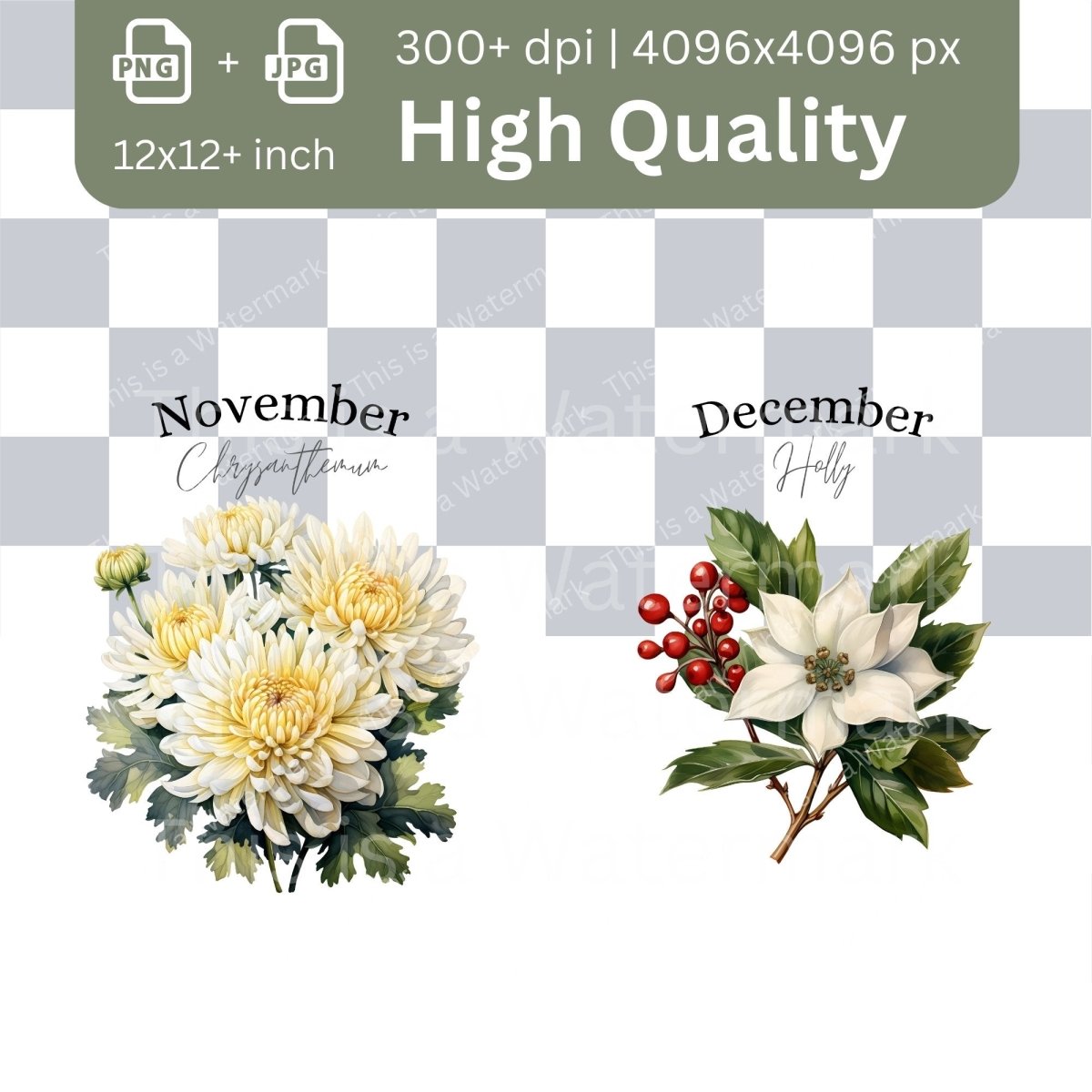 Birth Month Flowers and Text 12x PNG Clip Art Bundle Watercolor Digital Crafts Design Birthday Print Creator Graphic Botanical Clipart - Everything Pixel