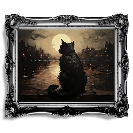 Black Cat and Full Moon Moody Cityscape Dark Cottagecore Artwork - Paper Poster Print - Everything Pixel
