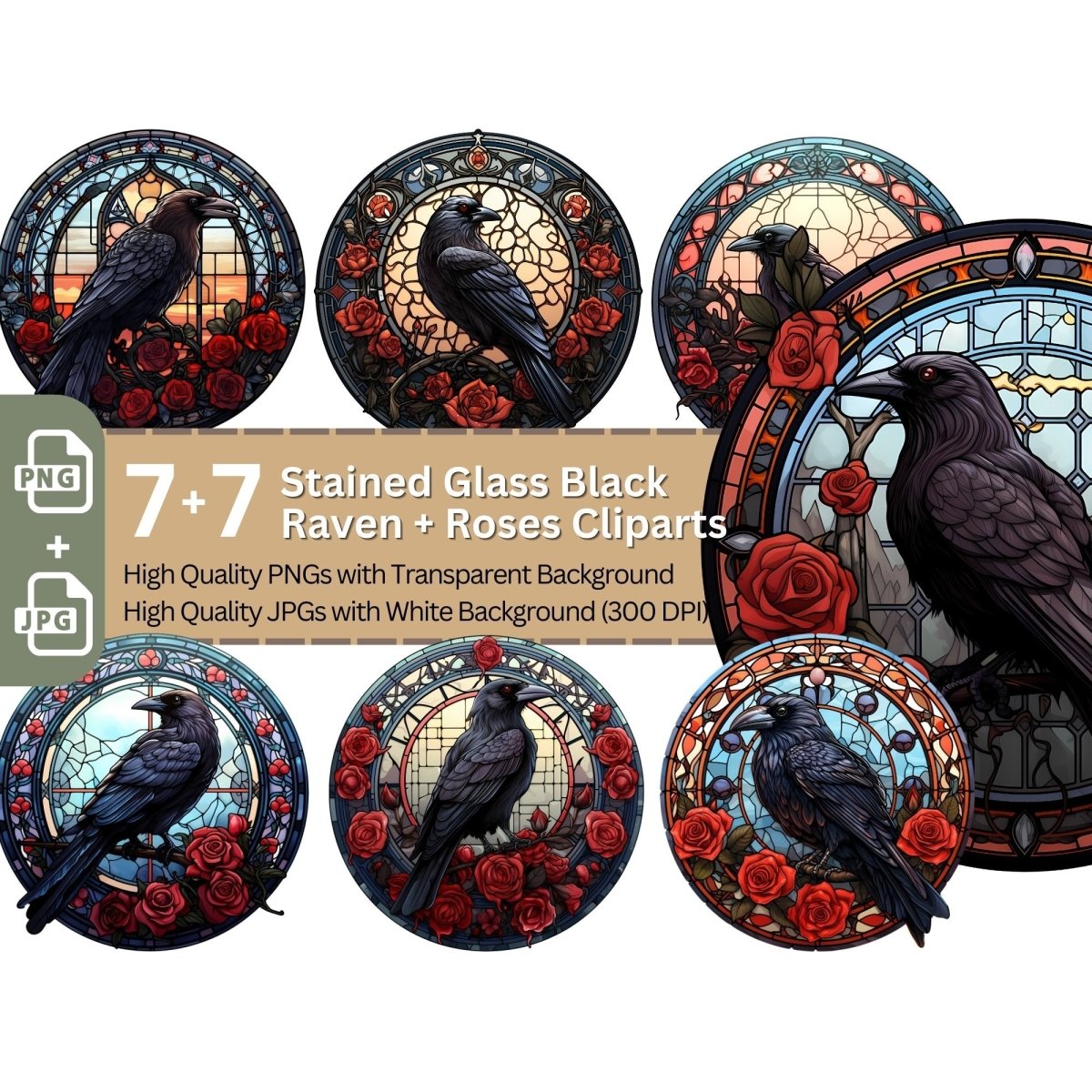 Black Raven Stained Glass 7+7 High Quality PNGs Clipart Bundle Gothic - Everything Pixel