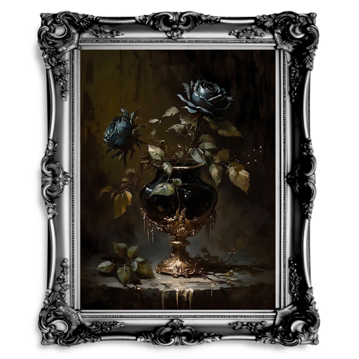 Black Rose in Goblet Wall Art Vintage Style Painting Dark Academia Print - Everything Pixel