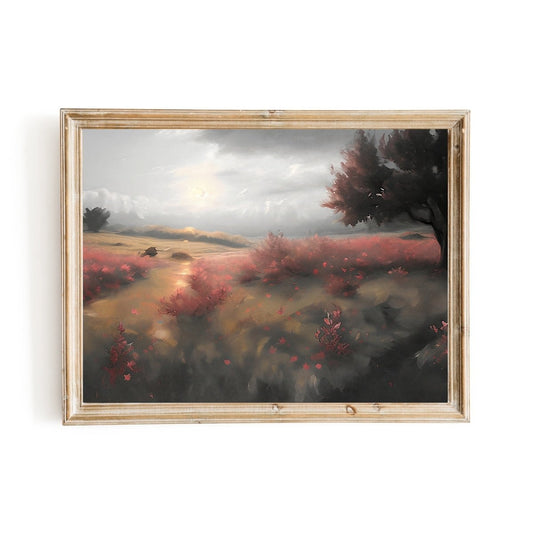 Blooming heather landscape vintage oil painting farmhouse decor - Everything Pixel