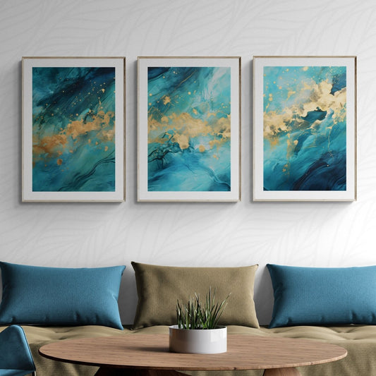 Blue and Gold Wall Art Set of 3 Prints Abstract Petrol Design with Gold Bedroom Art Modern Gold Wall Art Triptych Prints Paper Poster Print - Everything Pixel