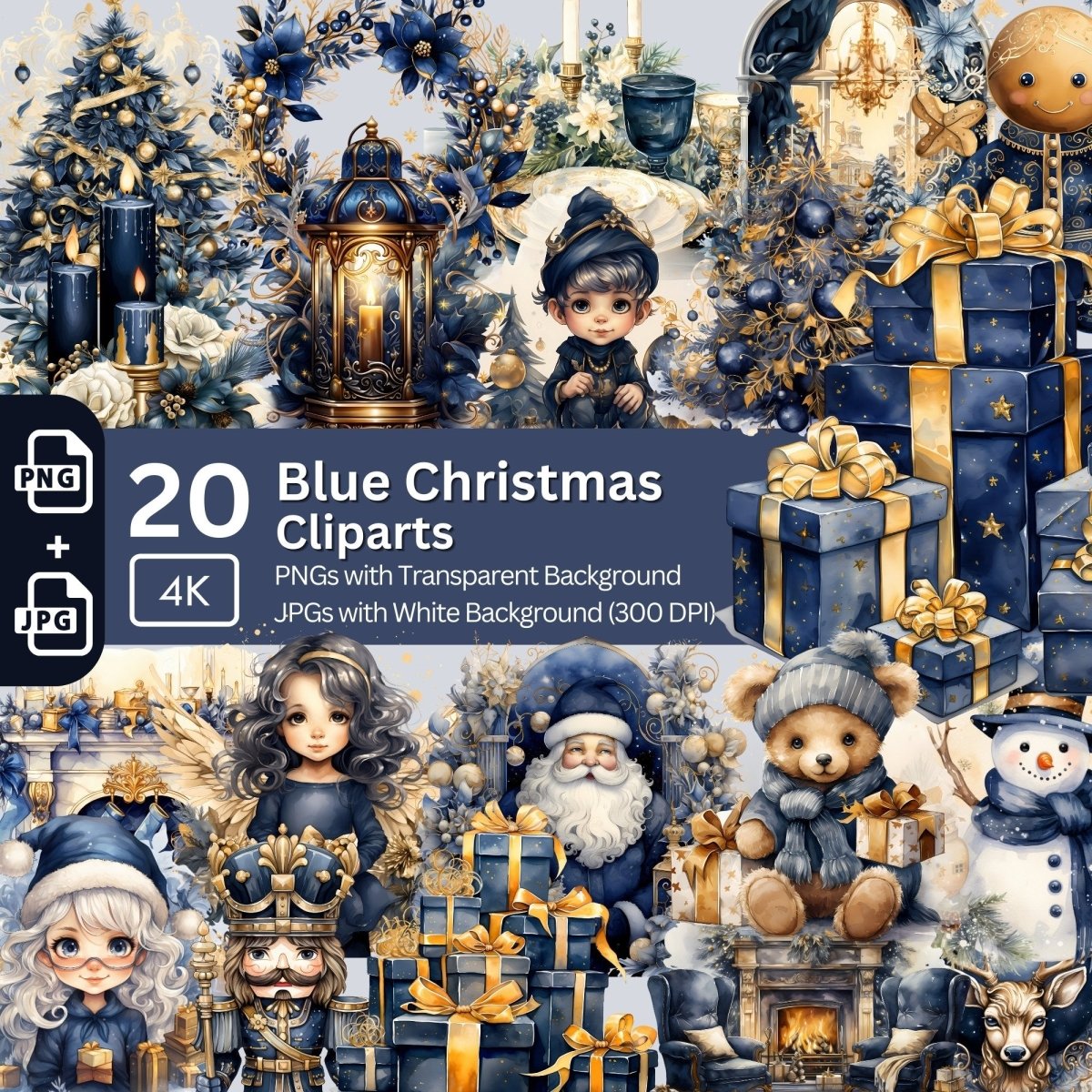 Blue Christmas Clipart 20x PNG Bundle Festive Advent Clipart Nursery Art Card Making Digital Paper Craft Holiday Winter Graphic Bundle - Everything Pixel