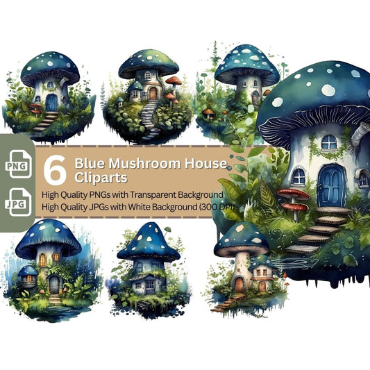 Blue Mushroom House 6+6 PNG Clip Art Bundle Dark Fairy Core - Everything Pixel