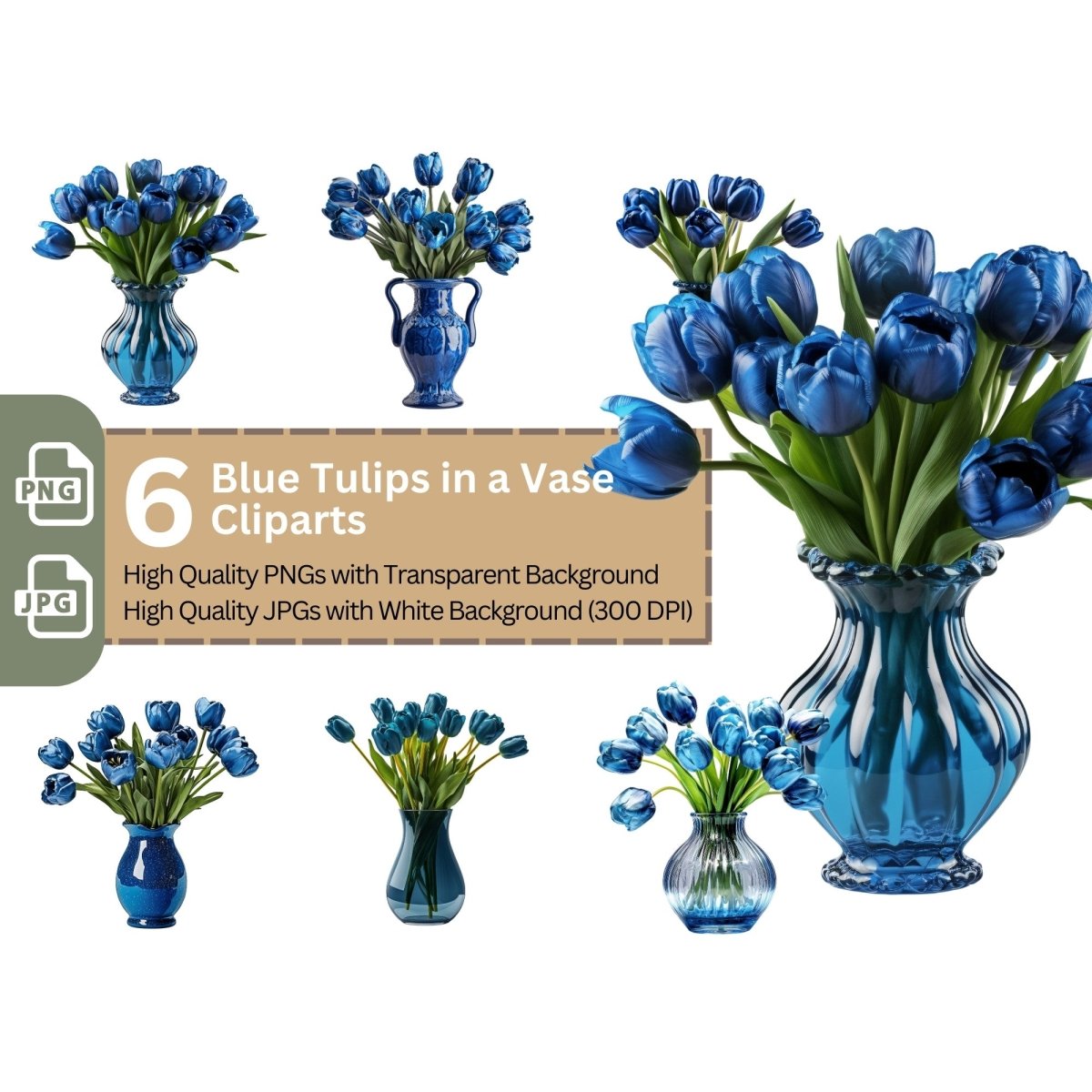 Blue Tulips in Vase 6+6 Clipart PNG Bundle, Transparent Background, Photorealistic - Everything Pixel